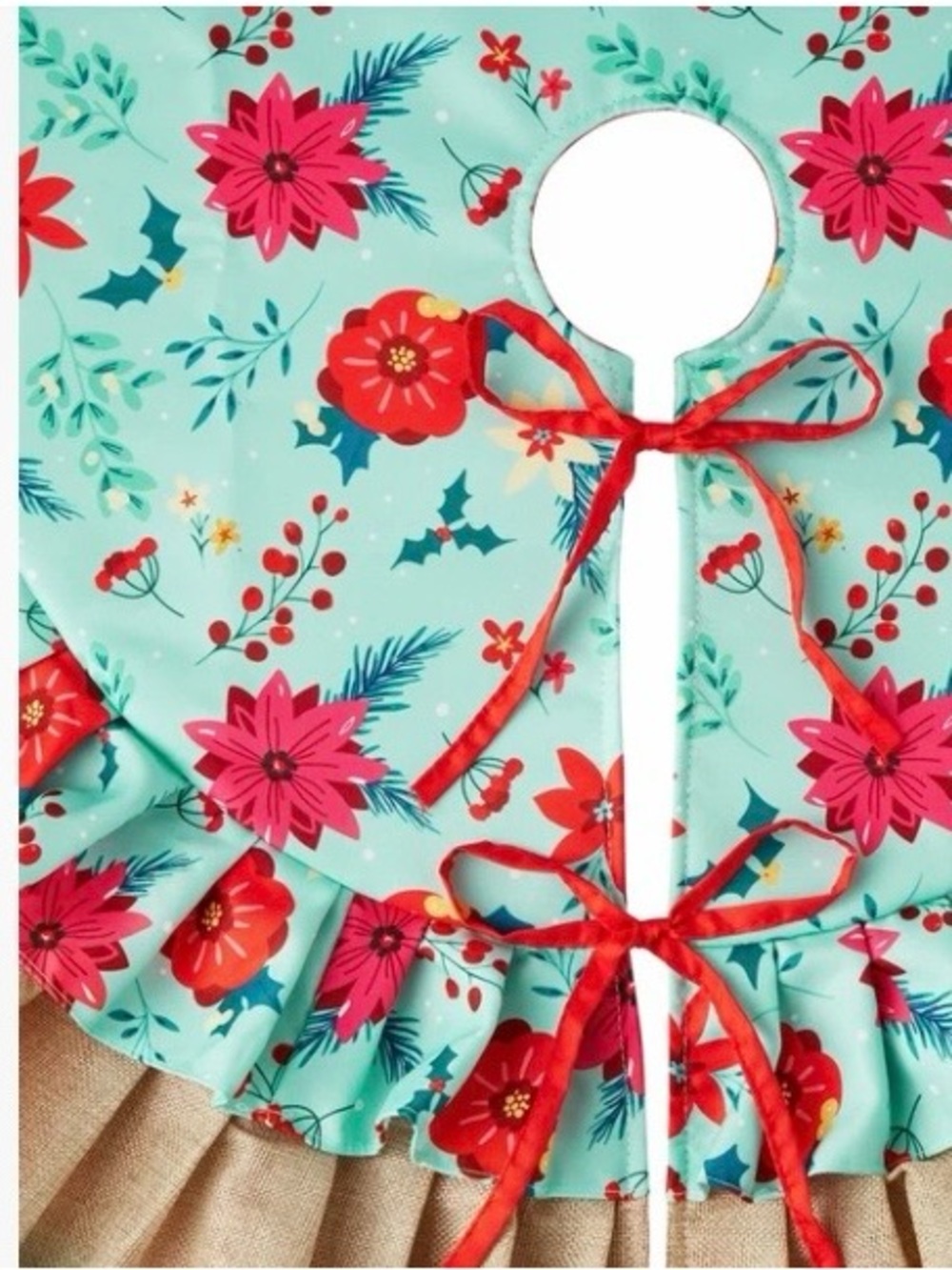 Pioneer Women Ruffled Floral Round Tree Skirt in Red, Aqua, Tan - Picture 3 of 4